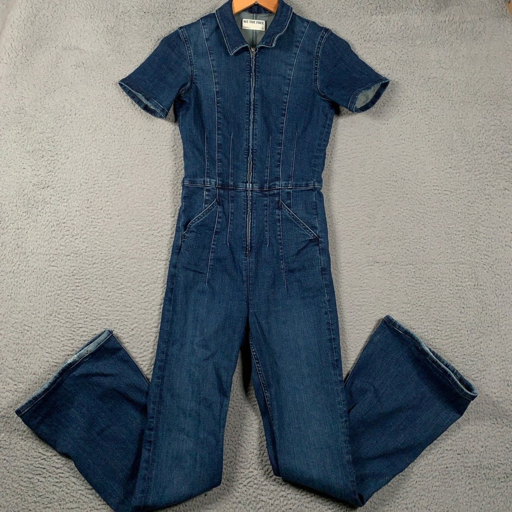 We The Free Denim Jumpsuit Women Small Blue Flare Short Sleeve Zip Boho Coverall